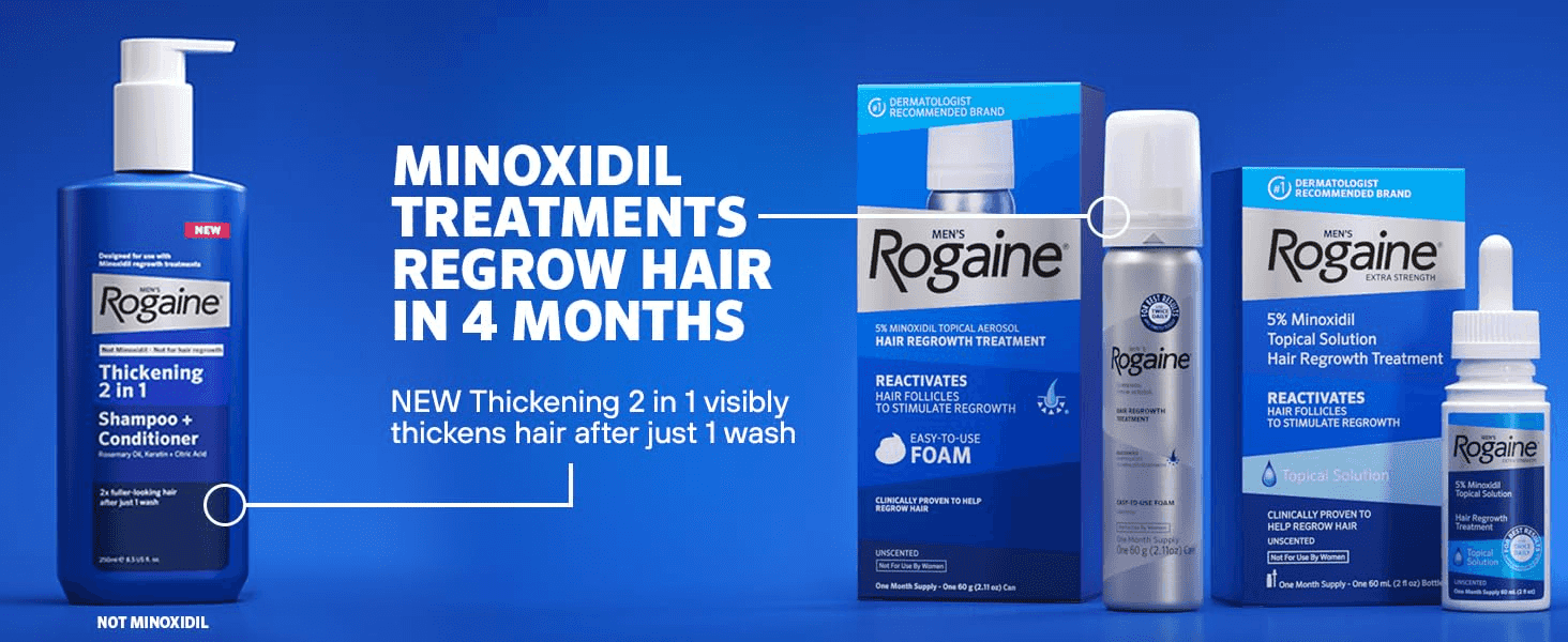 Shows the range of Rogaine minoxidil formats (shampoo, foam, topical solution) to help shoppers pick the right product in the line. Communicates the core promise that minoxidil treatments regrow…