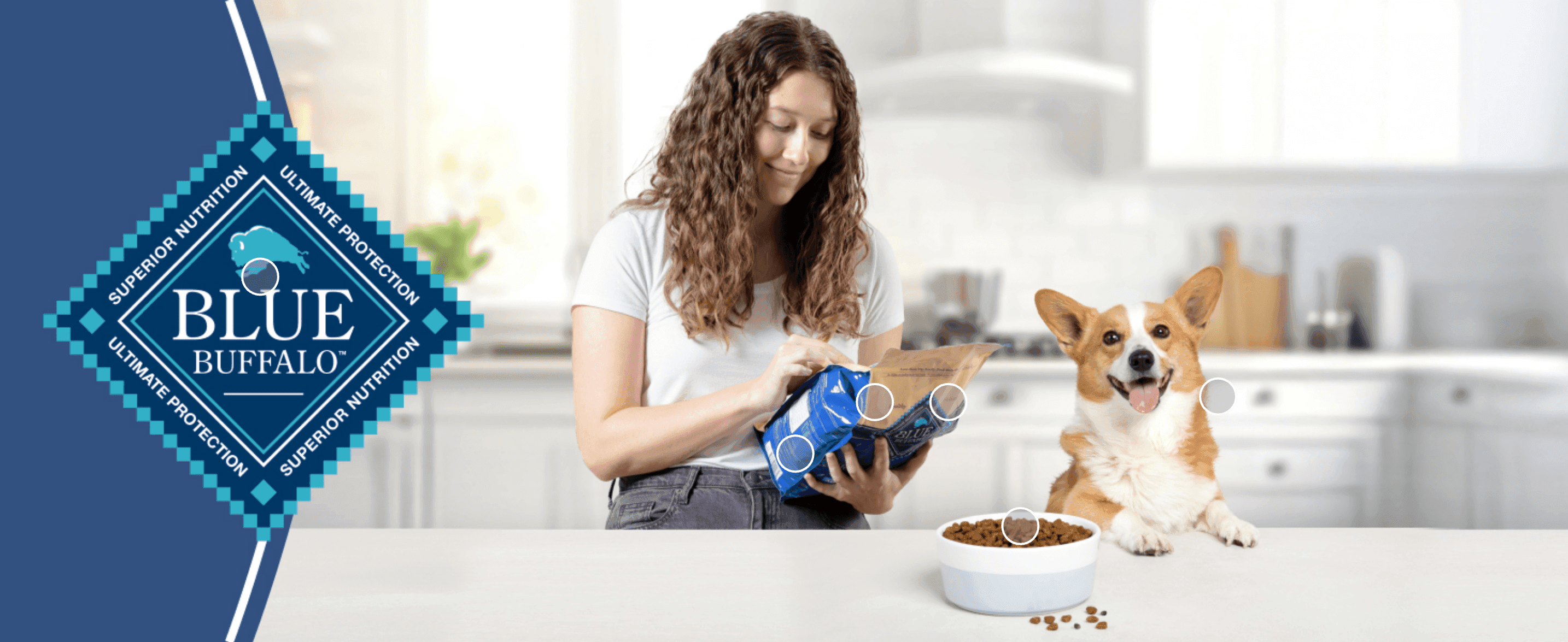Puts the Blue Buffalo logo and its 'Superior Nutrition, Ultimate Protection' promise up front to build trust in the brand. Shows an owner feeding a happy dog at home so shoppers picture the product…