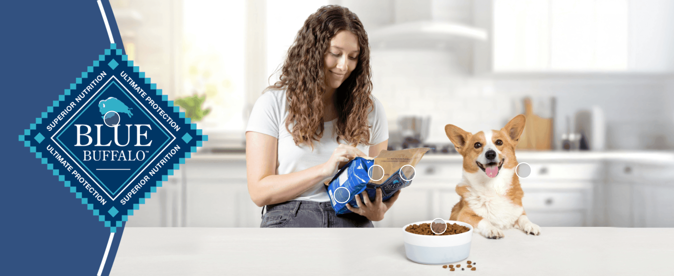Builds trust in the Blue Buffalo brand by pairing its logo with a real owner feeding the product to a happy dog at home.