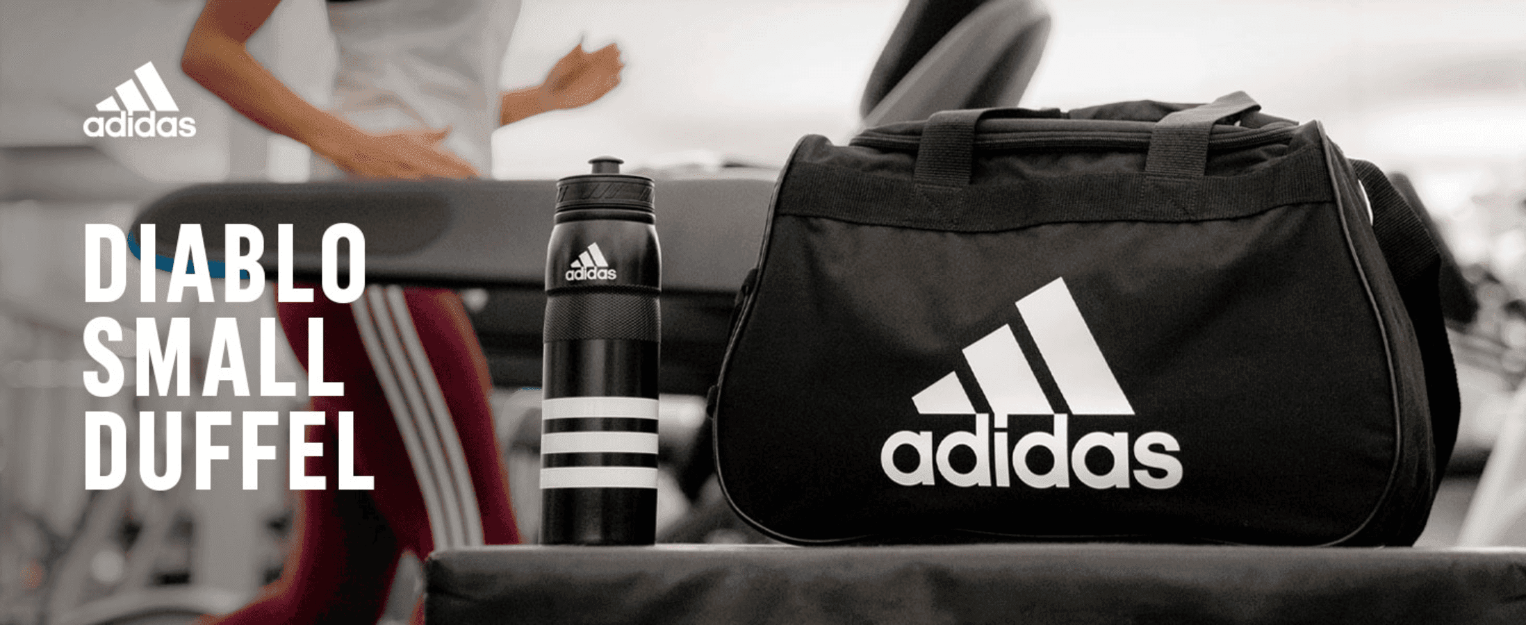 Introduces the adidas Diablo Small Duffel with brand logo and product name over a lifestyle gym scene to set the tone for the page.