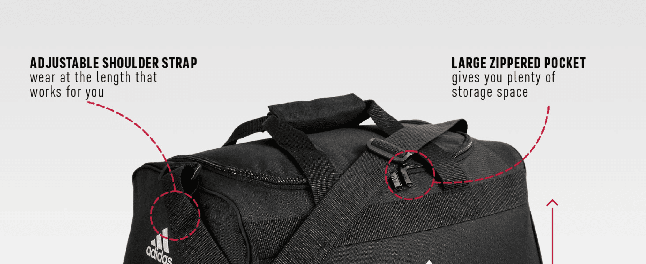 Points out the adjustable shoulder strap and large zippered pocket so shoppers understand the bag's functional details. Highlights two distinct practical benefits of the bag's design in one labeled…