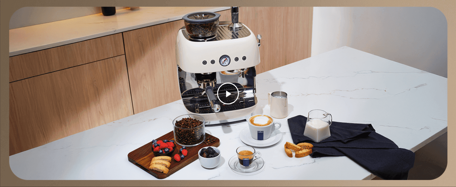 Shows the espresso machine in a real kitchen setting with coffee being made, inviting shoppers to picture it in their own home.