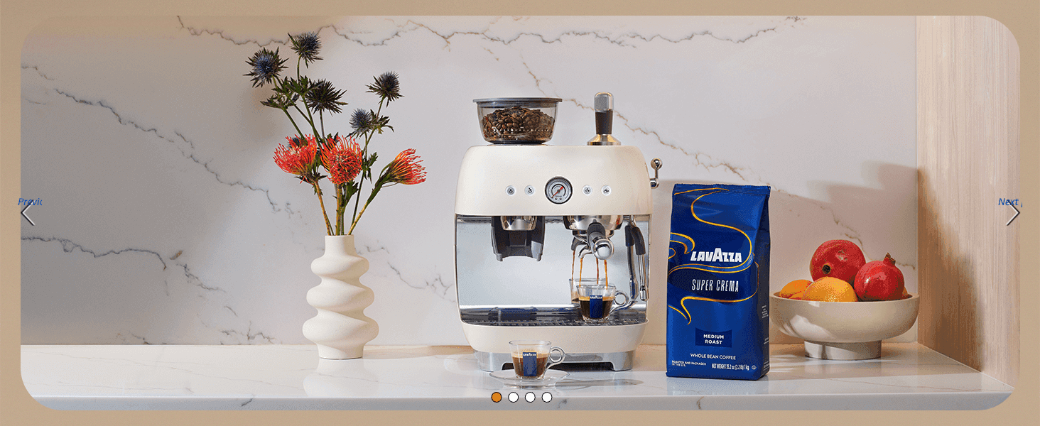 Shows the espresso machine styled in a bright kitchen with the coffee bag and fresh fruit to build an aspirational lifestyle association.