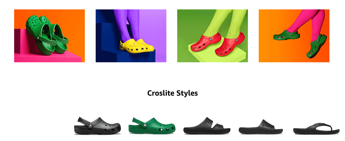 Showcases the range of Croslite styles and colorways available to help shoppers see the variety on offer.