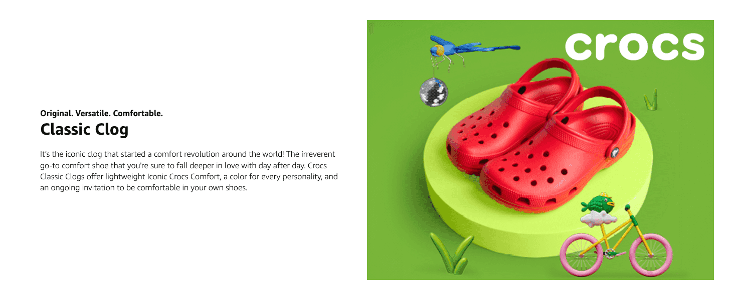 Introduces the Classic Clog as the original comfort shoe, so shoppers see the product's heritage and everyday comfort at a glance. Positions Crocs as the originator of the comfort clog to build…