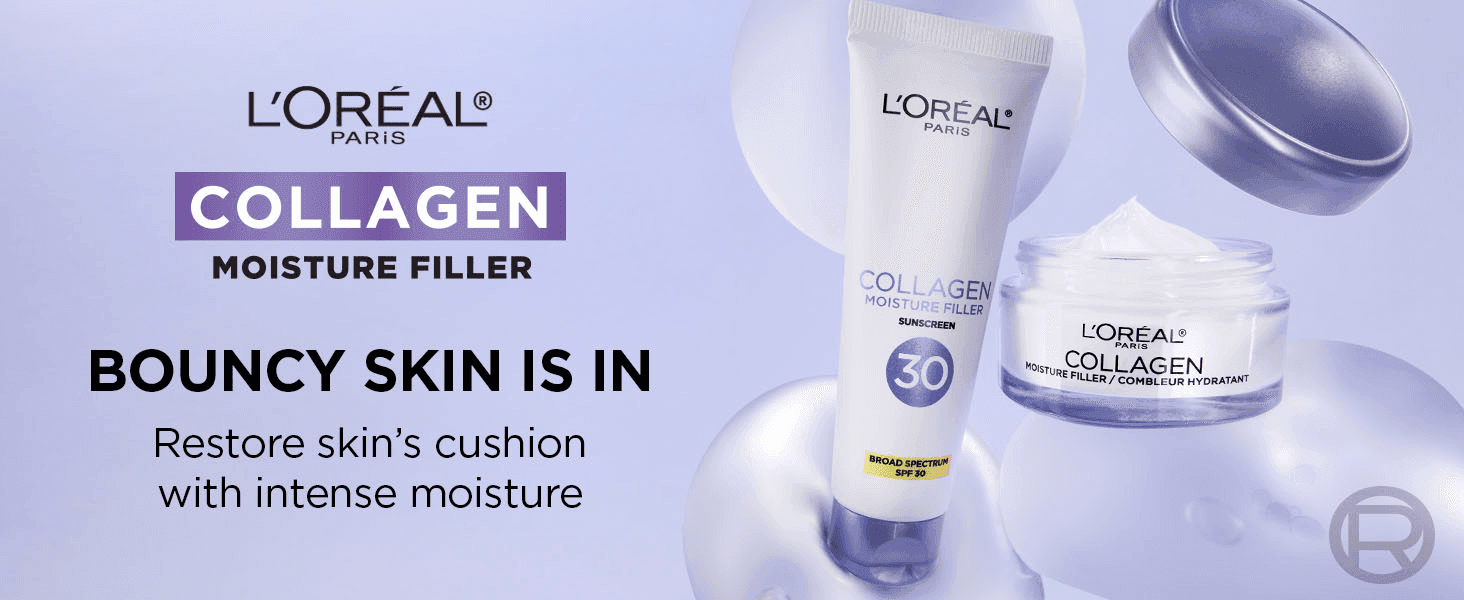 Promises bouncy, cushioned skin through intense moisture, so shoppers grasp the main benefit of the Collagen Moisture Filler line. Presents the L'Oréal Paris Collagen range, moisturizer and SPF 30…