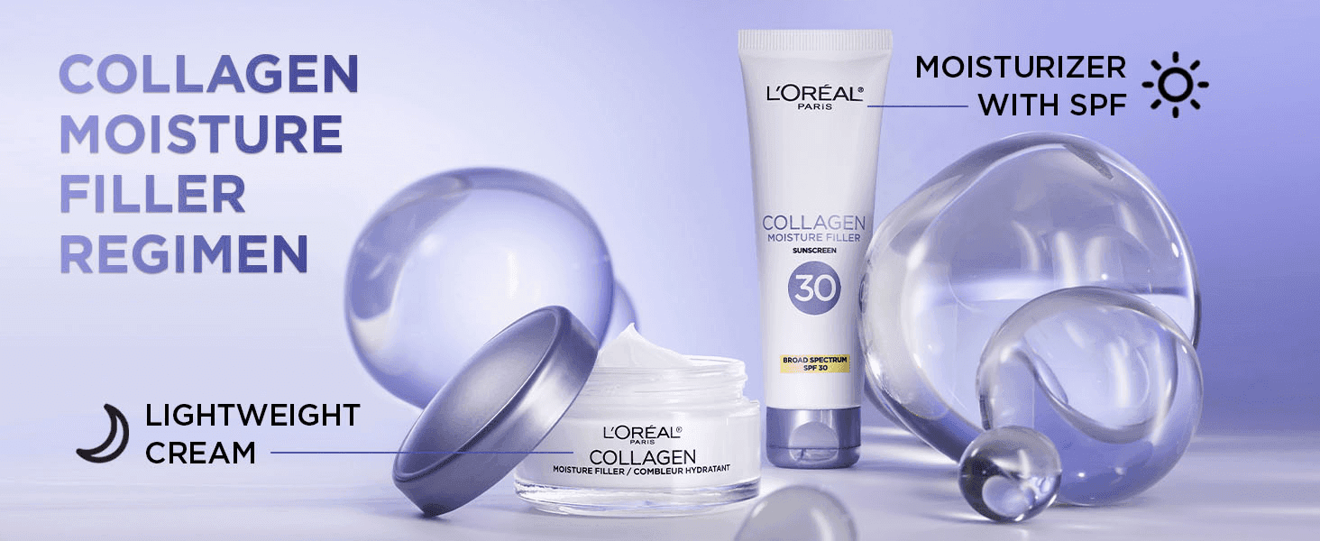 Shows a two-product routine, with SPF moisturizer for day and lightweight cream for night. Presents the collagen range as a complete routine from one brand.