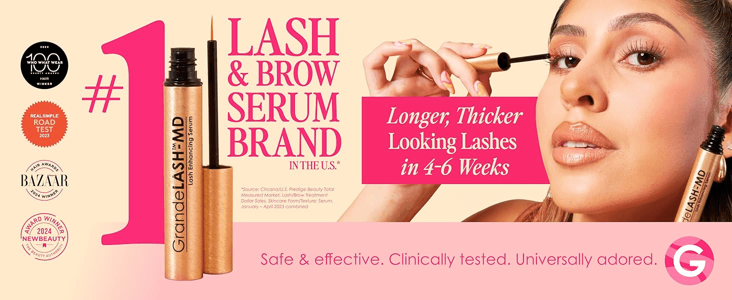 Combines a lash-growth claim, clinical testing and awards to reassure shoppers the serum works and is safe. Builds brand credibility with a category-leader claim and award badges.