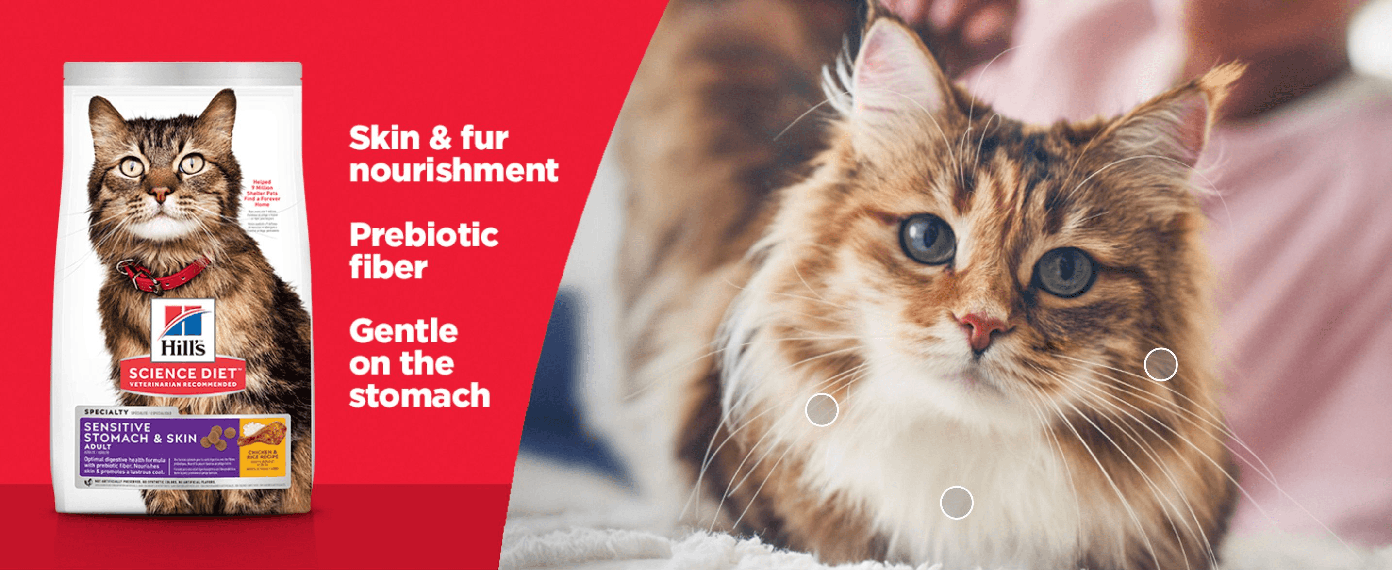 Lists three key cat food benefits beside the product bag and a happy cat, reassuring owners the formula is gentle and nourishing.