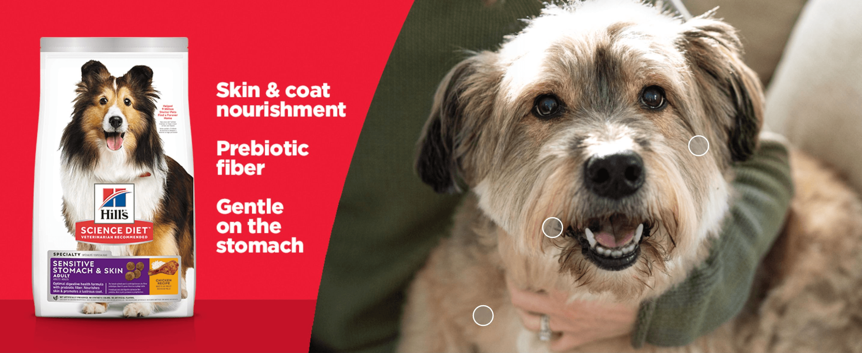 Lists three key dog food benefits beside the product bag and a happy dog, reassuring owners the formula is gentle and nourishing.