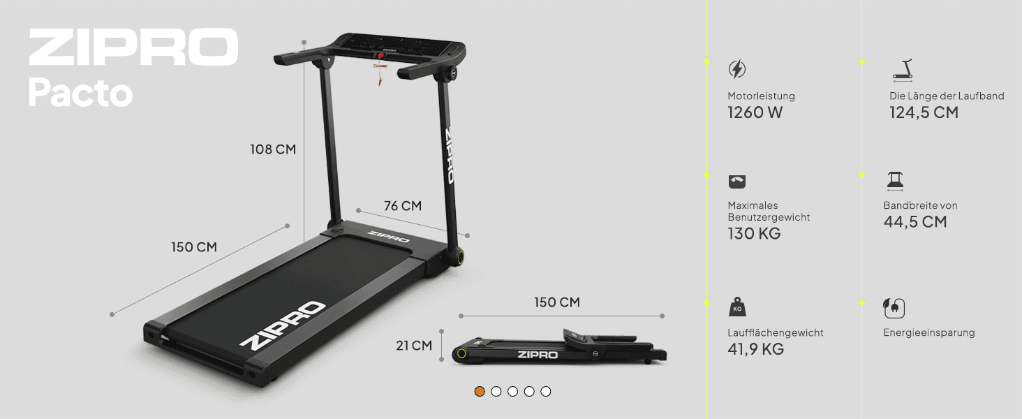 Shows the treadmill's physical dimensions folded and unfolded so shoppers can judge if it fits their space. Communicates key performance and capacity specs so shoppers can assess the treadmill's…