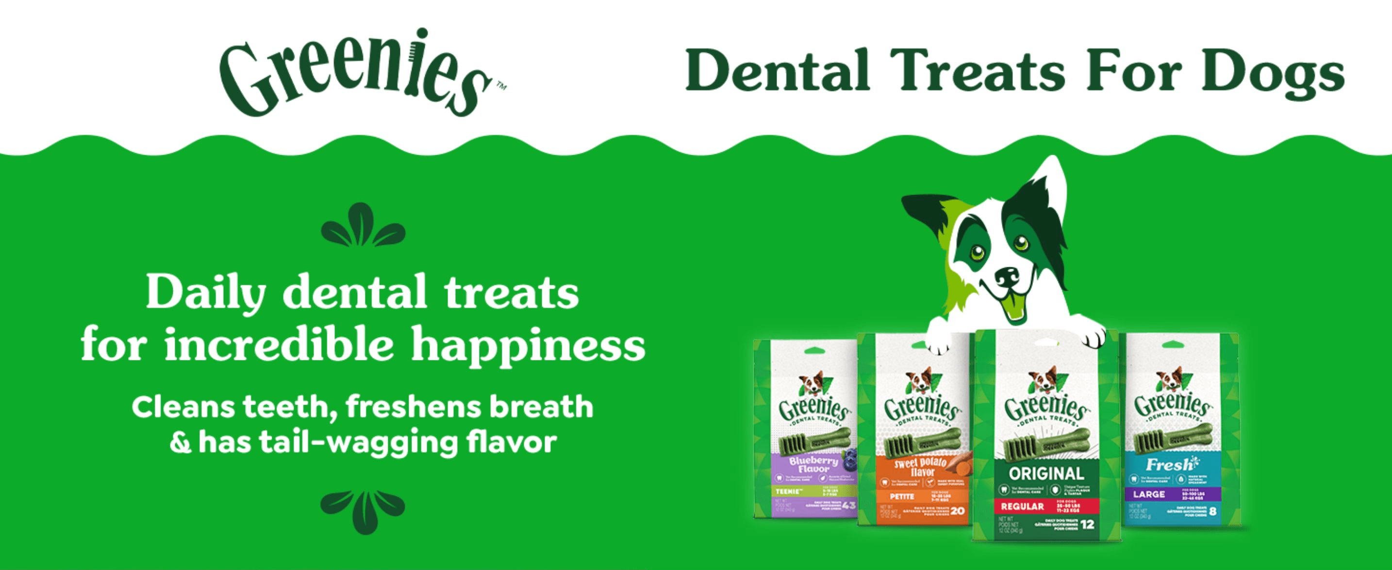 Introduces the Greenies dental treats line with a friendly brand tagline and core benefits to build recognition and trust. Highlights that the treats clean teeth, freshen breath, and taste good,…