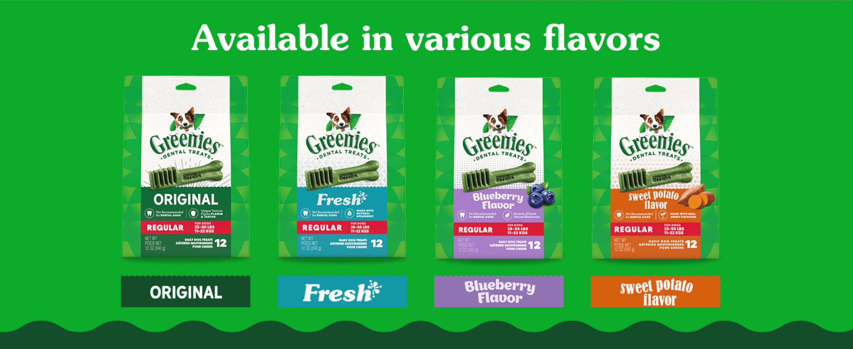 Shows the range of flavor options available within the Greenies dental treats line to help shoppers pick their favorite.