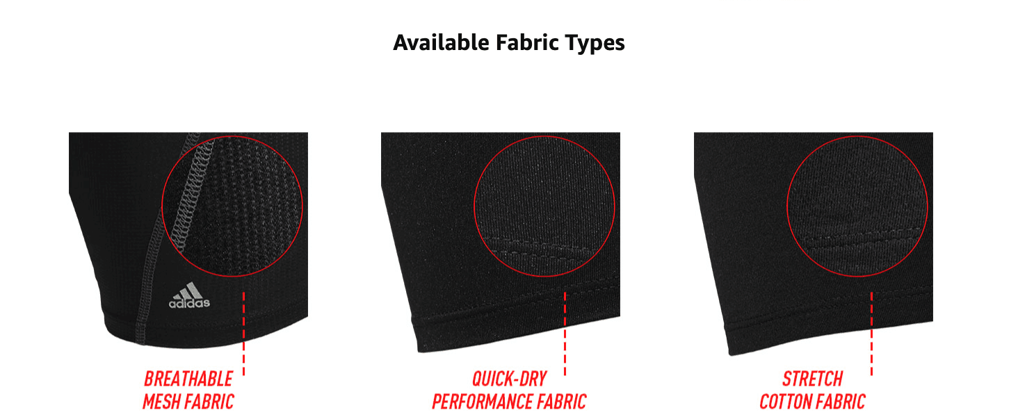 Zooms in on three fabric types so shoppers can see the material differences. Presents breathable mesh, quick-dry and stretch cotton fabrics side by side.