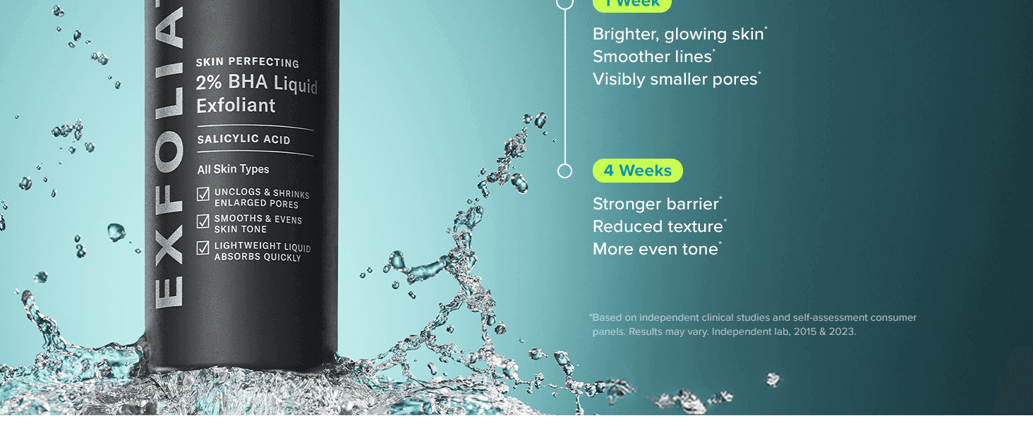 Segments product benefits by time elapsed (brighter skin and smaller pores at 1 week, stronger barrier and reduced texture at 4 weeks) to demonstrate escalating, clinically-backed results. Segments…