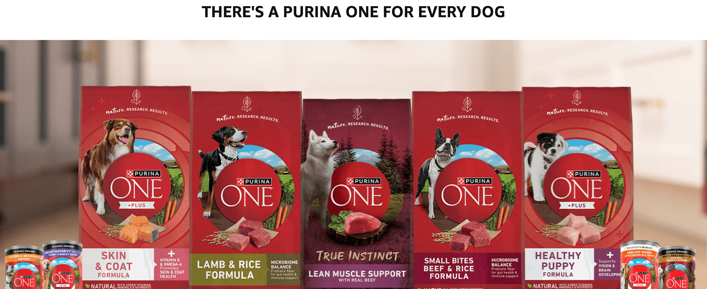 Shows the full range of Purina ONE dog food formulas side by side so shoppers can find the variant suited to their dog's life stage and needs.