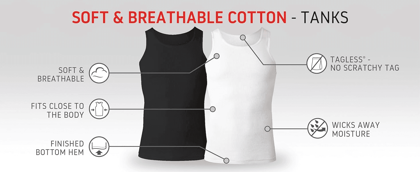 Points to physical parts of the tank (tagless label, hem, fit) so shoppers see how it is built and how it feels. Presents several comfort benefits at once, such as breathable cotton and moisture…