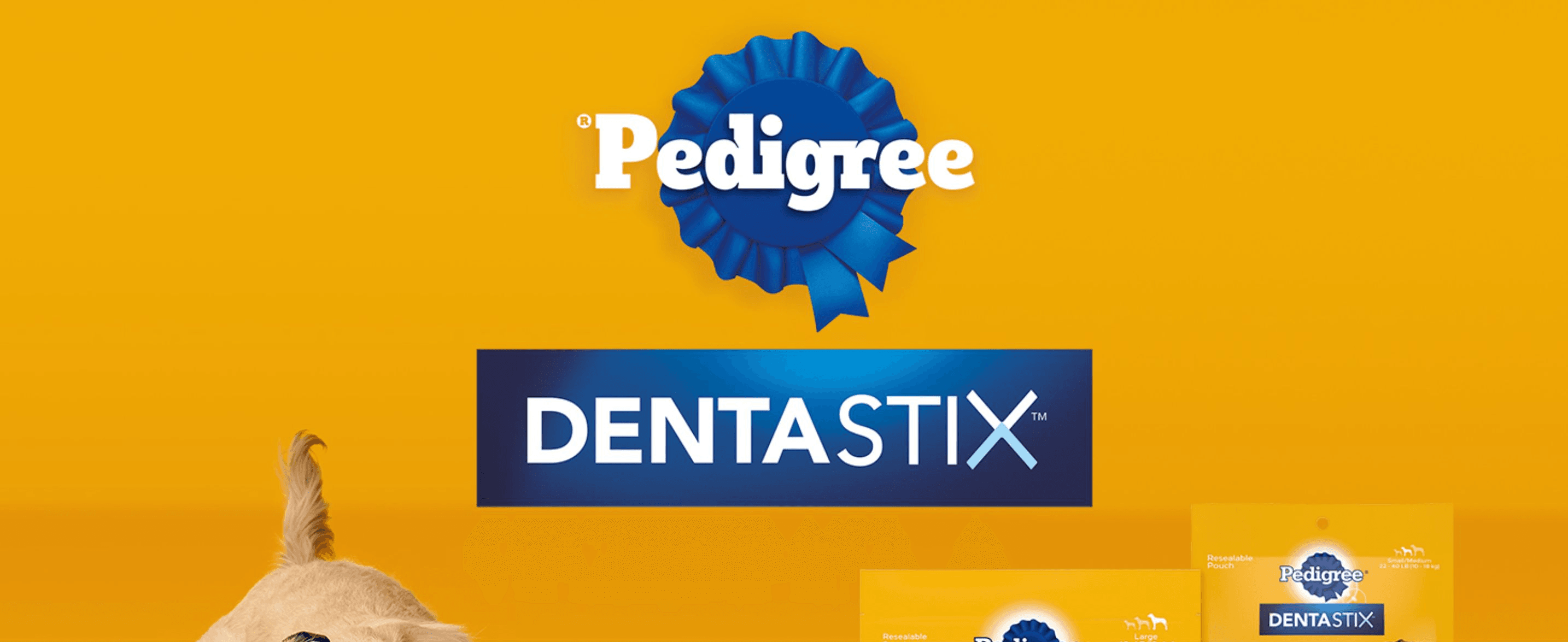 Introduces the Pedigree DentaStix brand and product line with bold logo treatment before the shopper scrolls into feature detail.