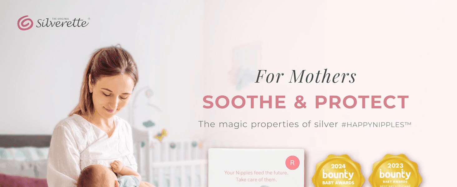 Communicates the core benefit of silver's soothing, protective properties for breastfeeding mothers. Builds credibility by showing award recognition from external baby product organizations.