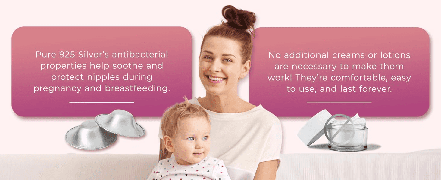 Highlights two distinct benefits of the silver cups, antibacterial protection and no need for extra creams, alongside a lifestyle photo and product shots to build trust.