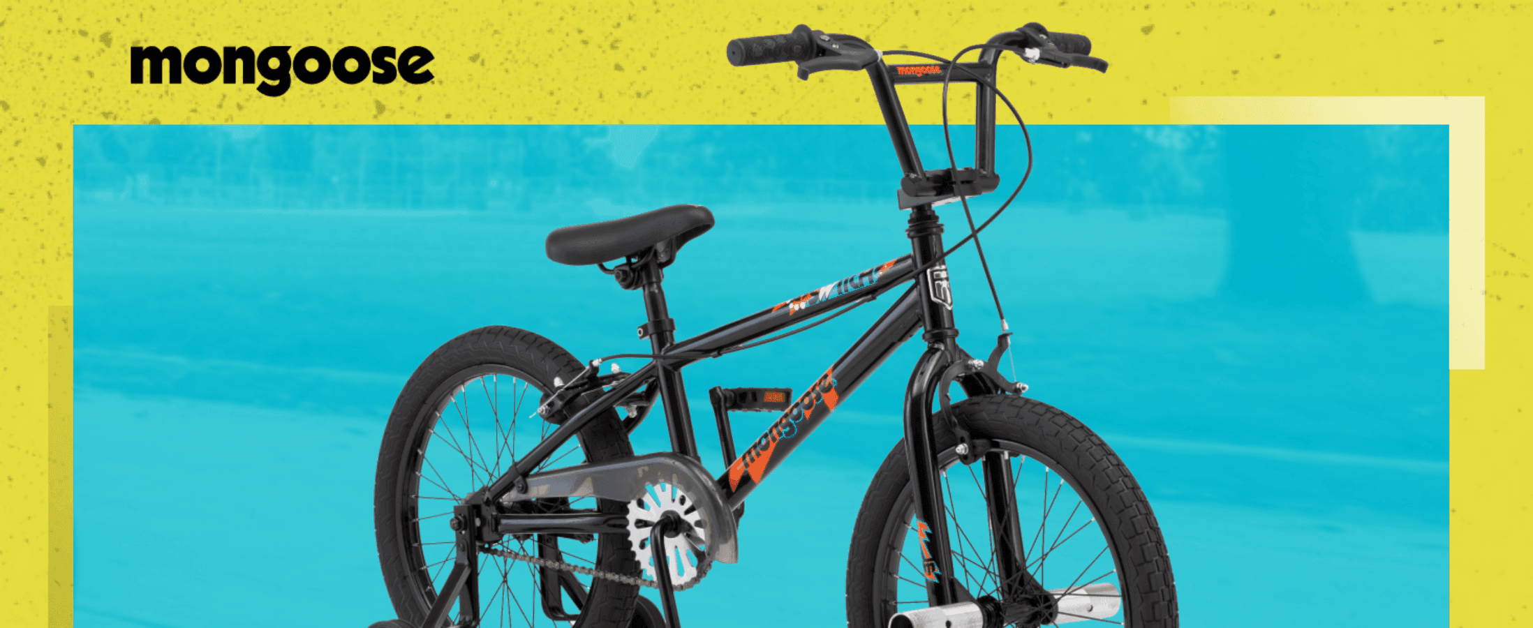Introduces the Mongoose brand alongside a bold hero shot of the bike to establish brand identity.