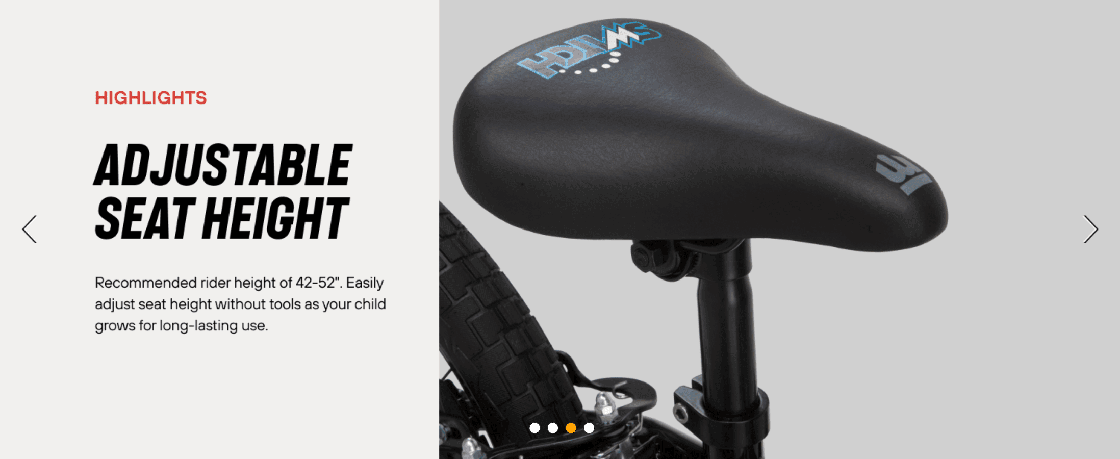 Highlights the tool-free adjustable seat that lets the bike grow with the child for long-lasting use.