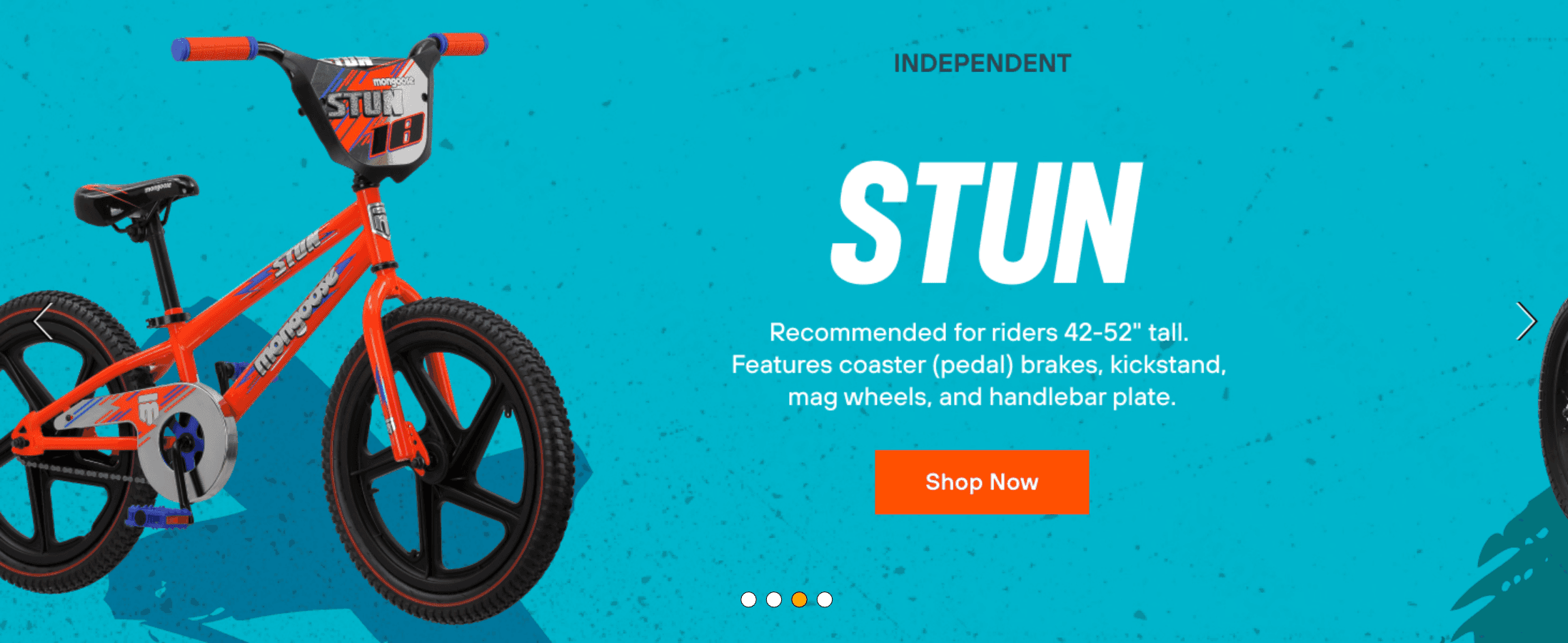 Introduces the STUN model and its key specs (rider height, coaster brakes, kickstand, mag wheels) with a Shop Now CTA.
