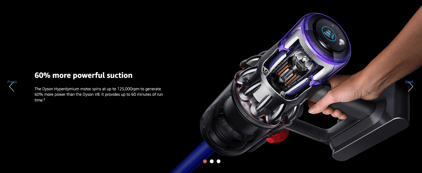 Backs up the motor's power with numbers (60% more suction, up to 60 minutes of run time) to reassure shoppers about performance. Focuses on one benefit, the more powerful motor, shown as a cutaway…