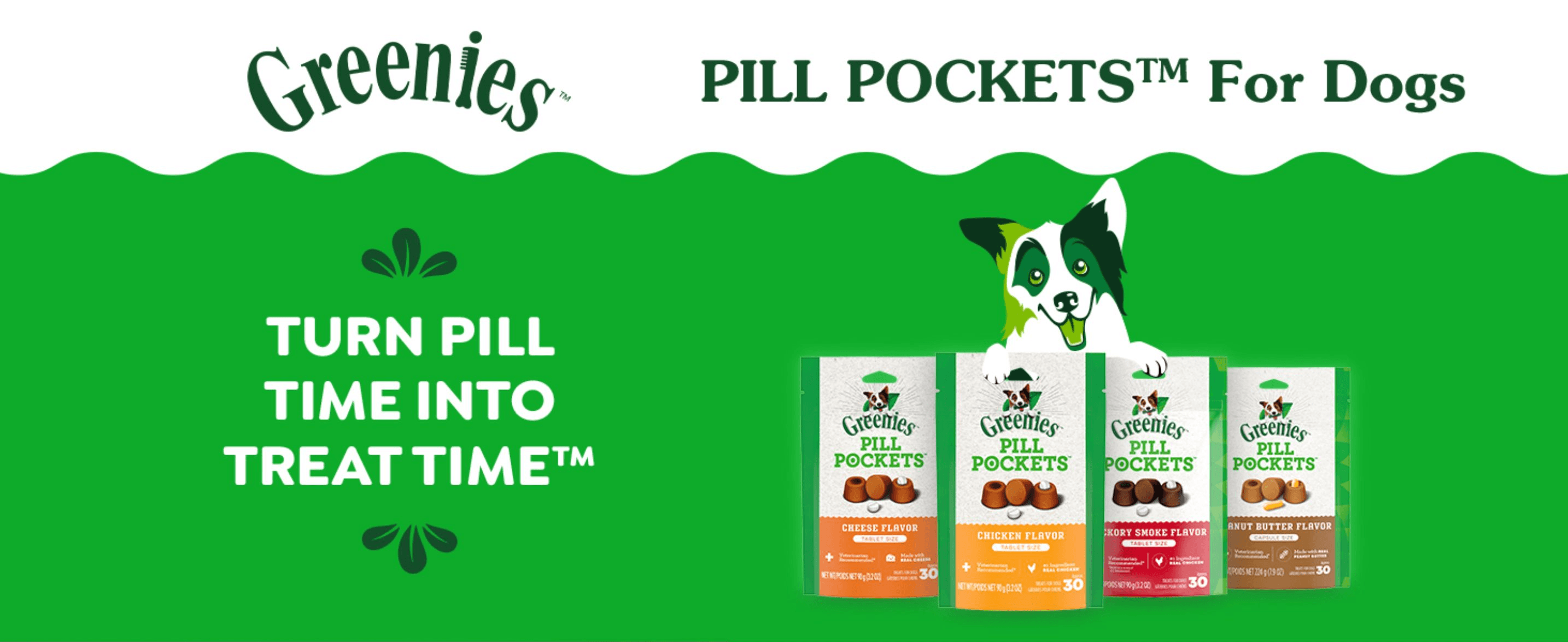 Introduces the Greenies Pill Pockets brand and its flavor range with a playful pill-time-to-treat-time message.
