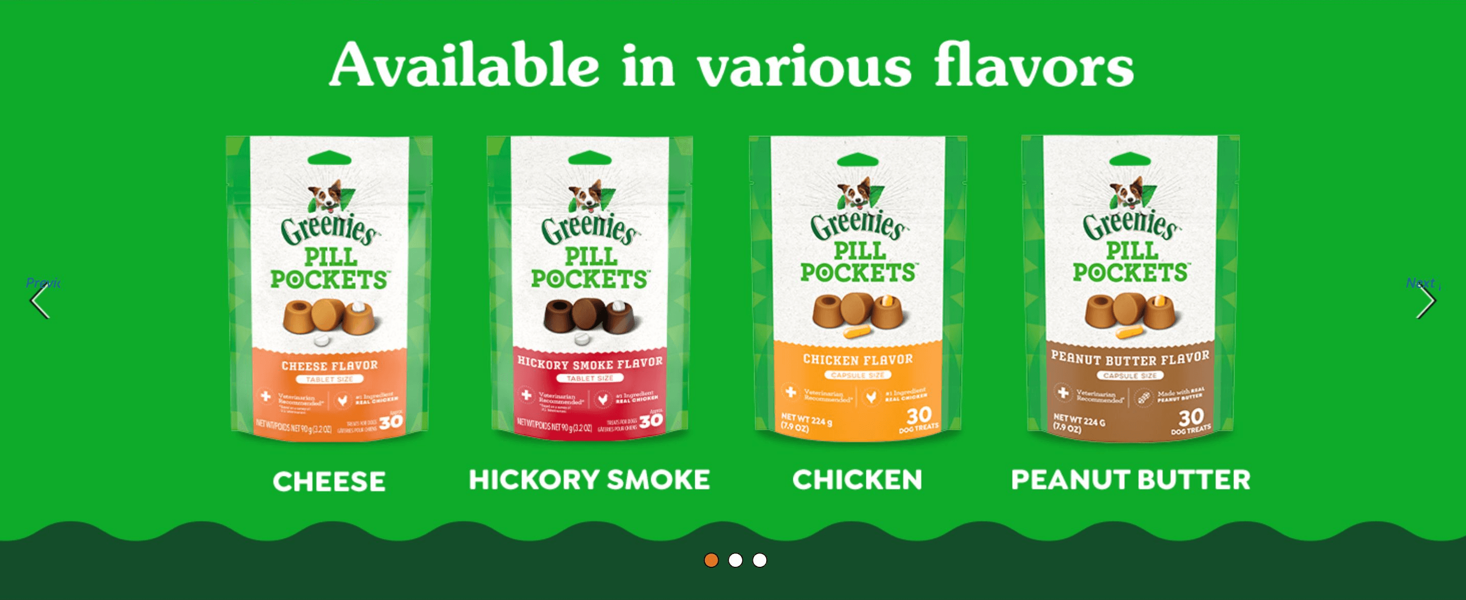 Displays the four available flavors side by side so shoppers can pick the one their dog will like.