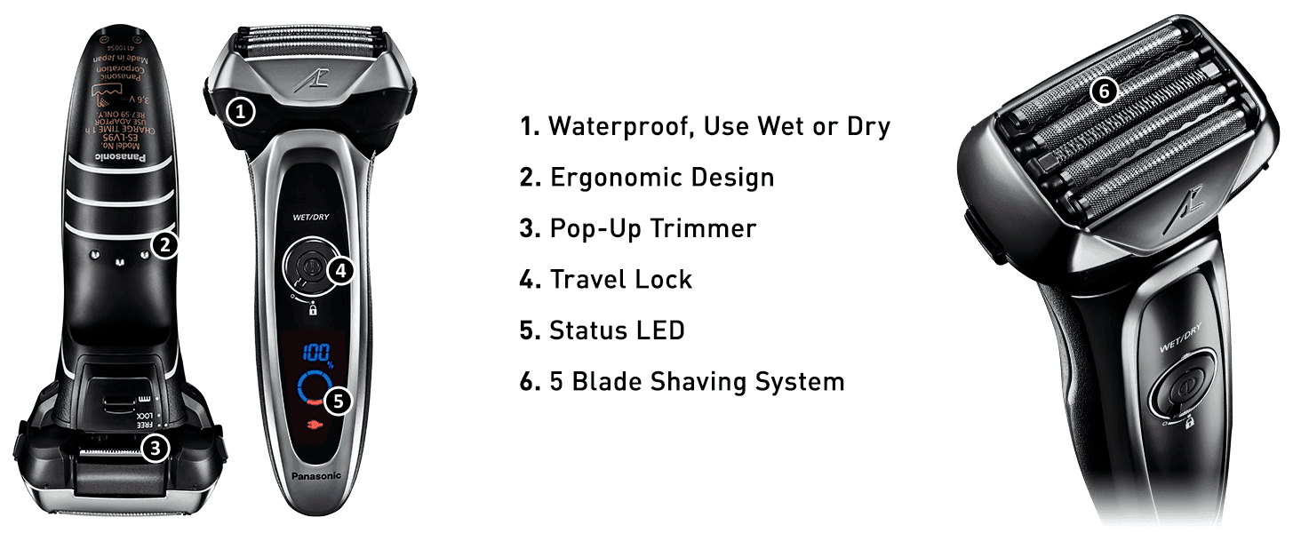 Labels six physical parts of the shaver so shoppers see what it is made of. Lists six features such as waterproofing, pop-up trimmer and travel lock in one view.