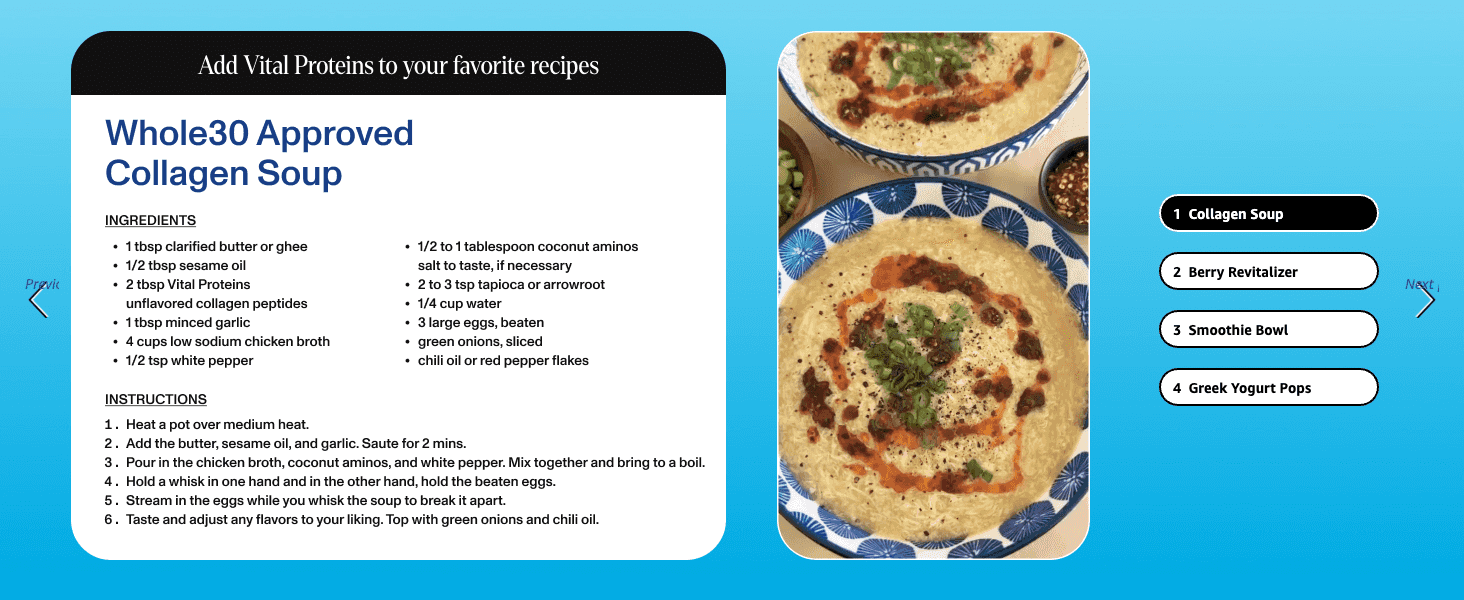 Shows four recipes for using the powder so shoppers see it works in many foods. Gives ingredients and numbered instructions so shoppers can start using the product right away.