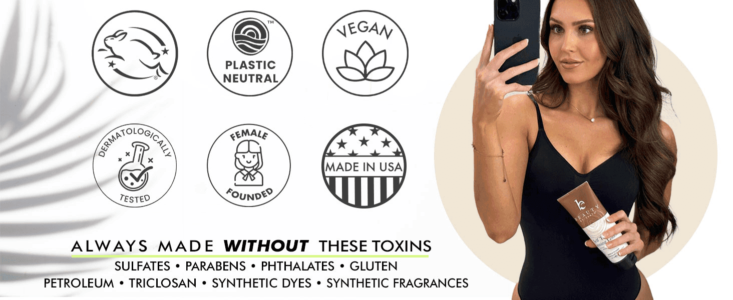 Displays six certification badges and a toxin-free ingredient list to reassure shoppers the product is safe, ethical, and clean.