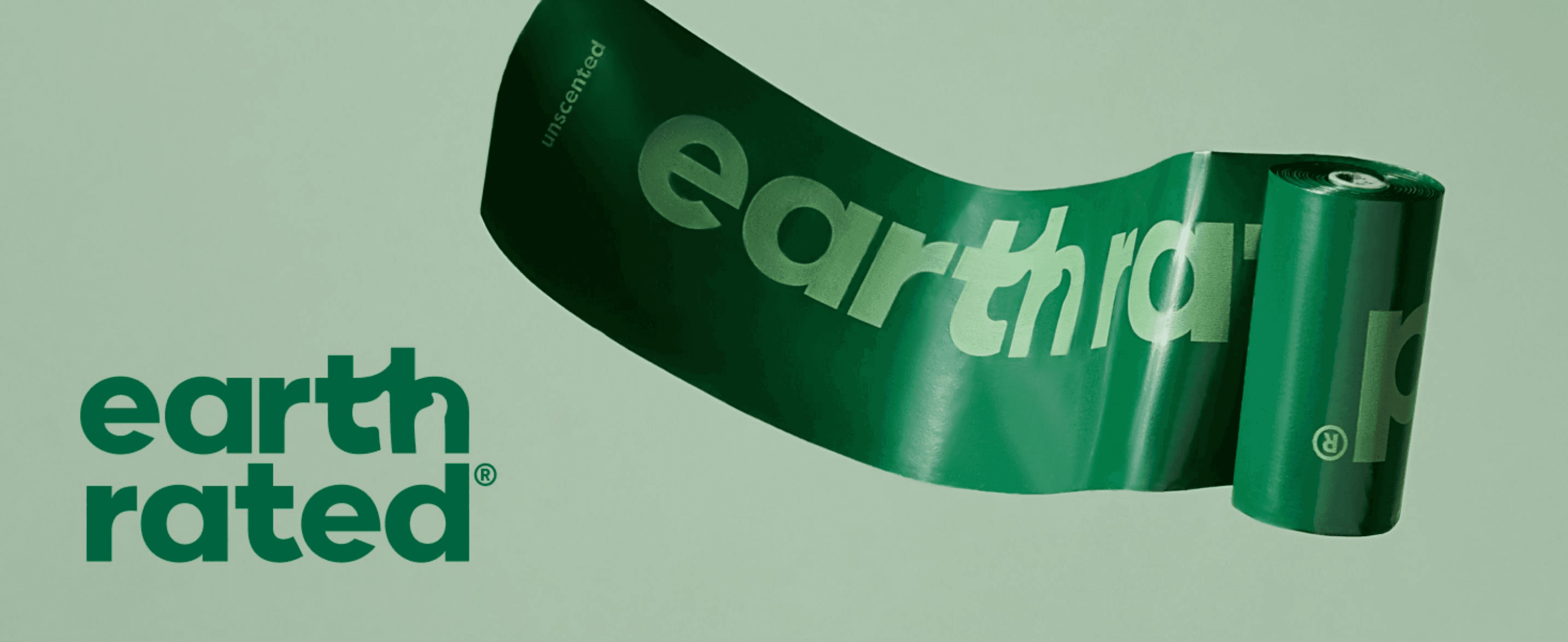Establishes brand identity by pairing the Earth Rated logo with a striking close-up of the product's signature green packaging.