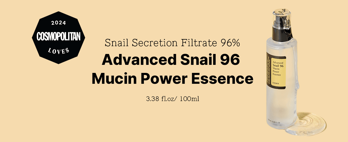 Introduces the hero essence and its 96% snail mucin content with a bold product name, so shoppers know what they are buying. Uses the Cosmopolitan 2024 Loves badge as third-party endorsement to…