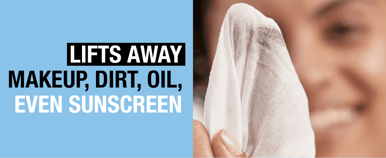 Shows the wipe lifting makeup, dirt, oil and sunscreen to prove its cleansing power.
