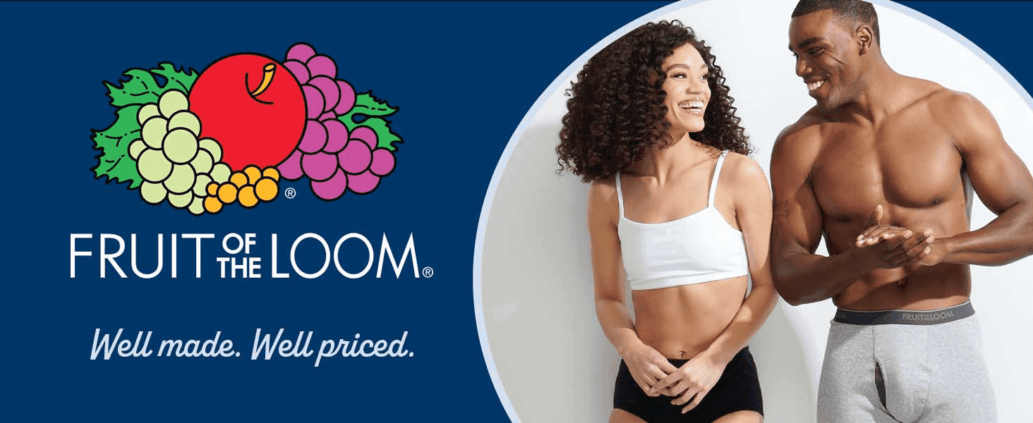 Introduces the Fruit of the Loom brand and its 'Well made. Well priced.' promise to build trust and signal value.