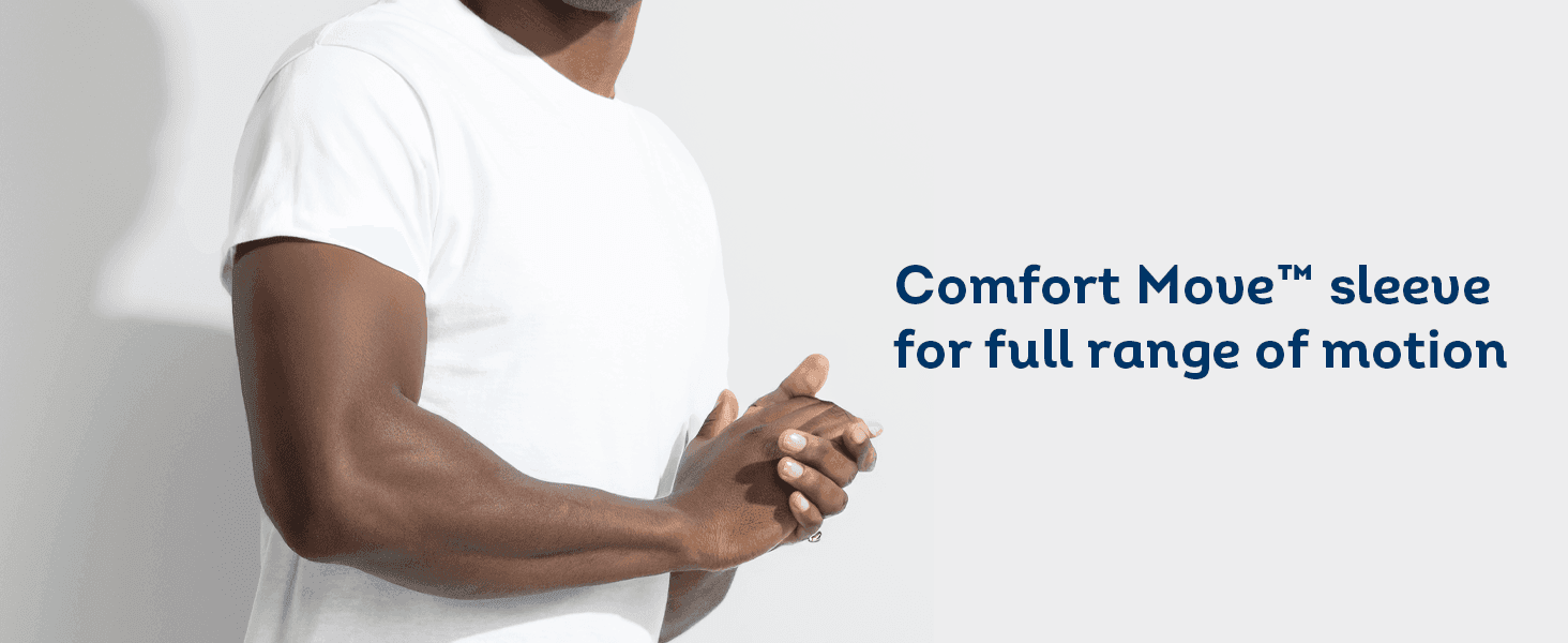 Shows the sleeve design allowing full range of motion to reassure shoppers about fit and comfort.