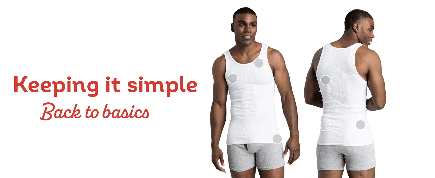 Positions the tank as a simple, back-to-basics essential, with front and back views showing the fit. Reinforces the brand's no-fuss, everyday personality through the tagline.