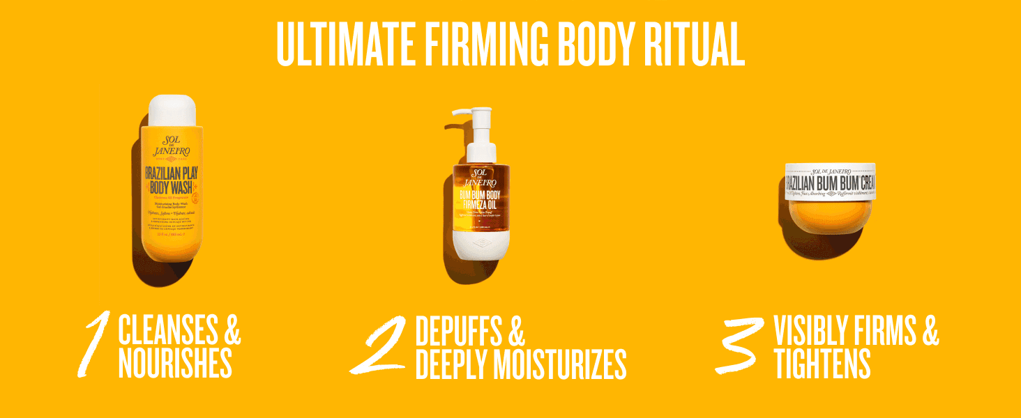 Guides shoppers on how to layer three products in sequence for a complete firming routine. Shows the distinct benefit of each product in the routine to encourage a multi-product purchase.