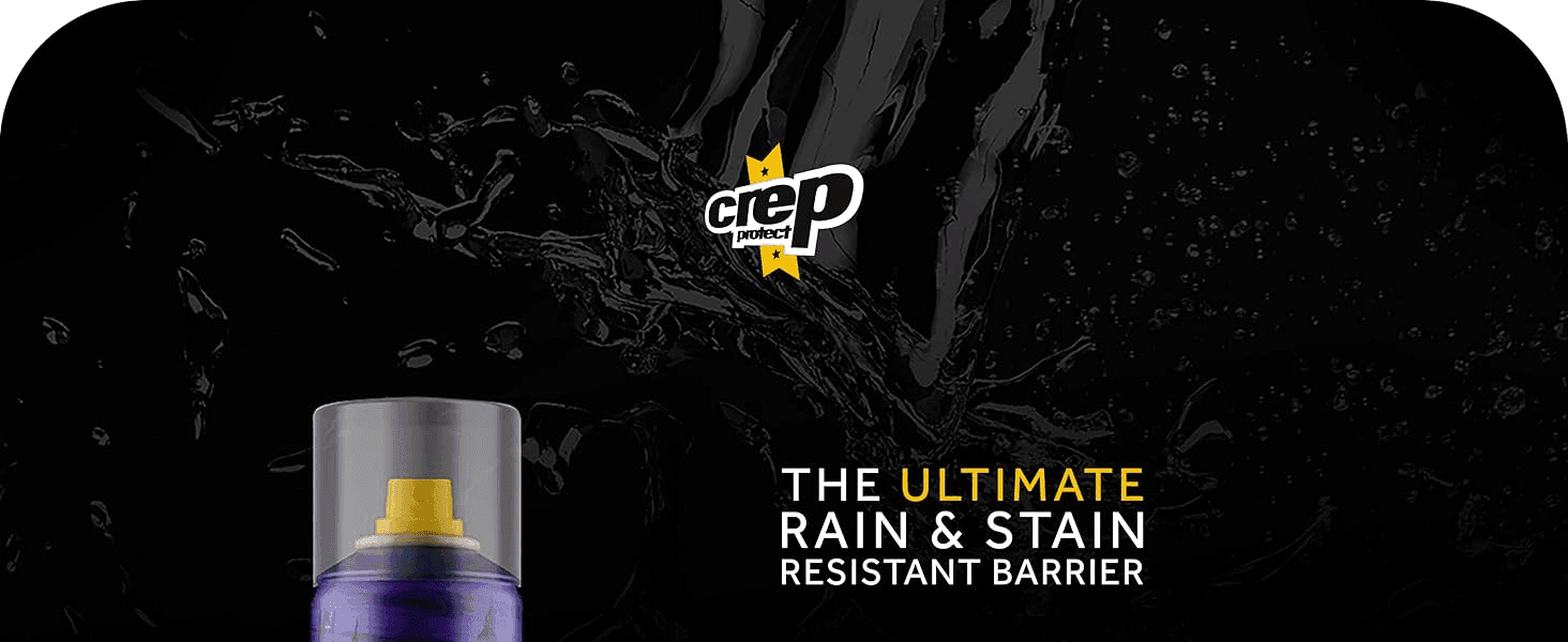 Establishes the product's core promise of a rain and stain resistant barrier through a bold headline and dramatic splash visual.
