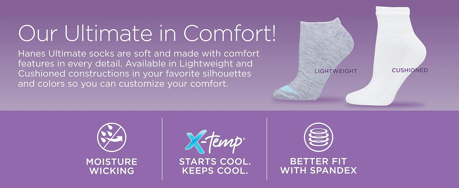 Shows shoppers the sock styles available and highlights three comfort-driven features to support a purchase decision.