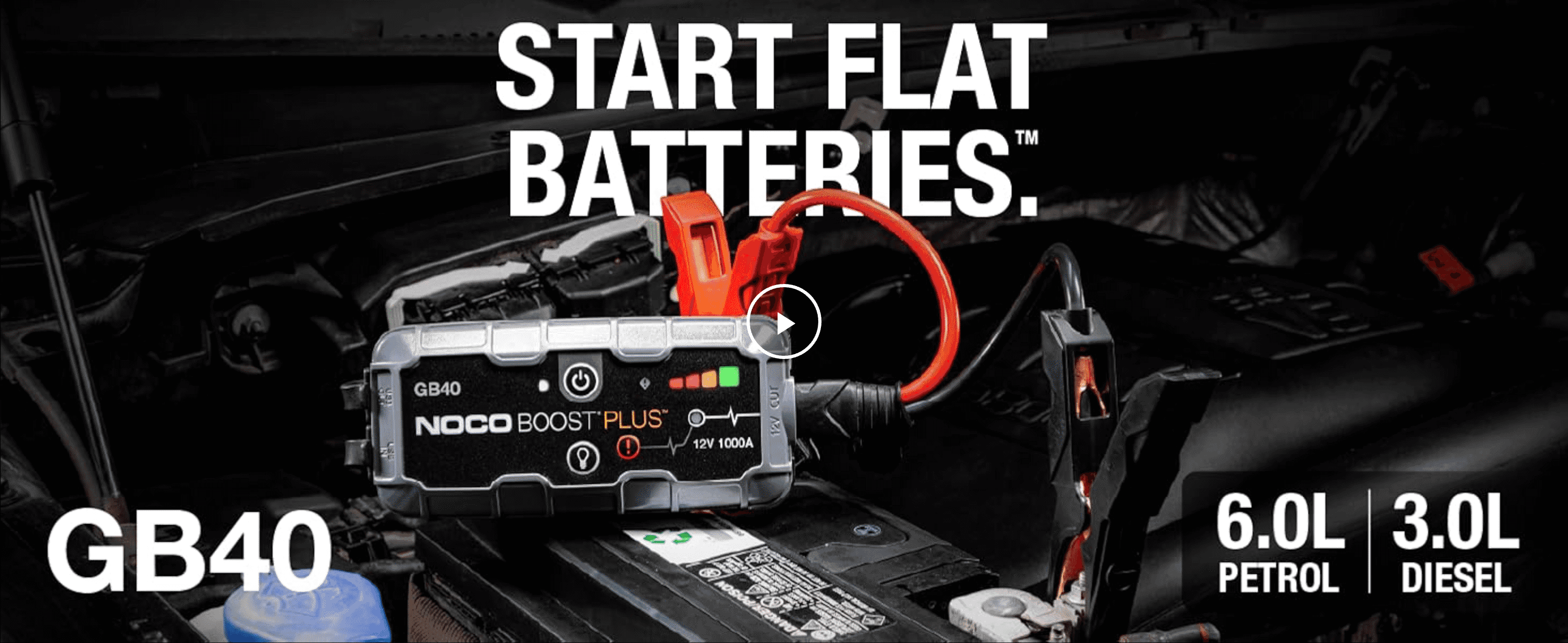 Opens with a bold claim that the jump starter revives flat batteries, backed by the engine sizes it can start, so shoppers trust it will work on their vehicle. States the 6.0L petrol and 3.0L diesel…