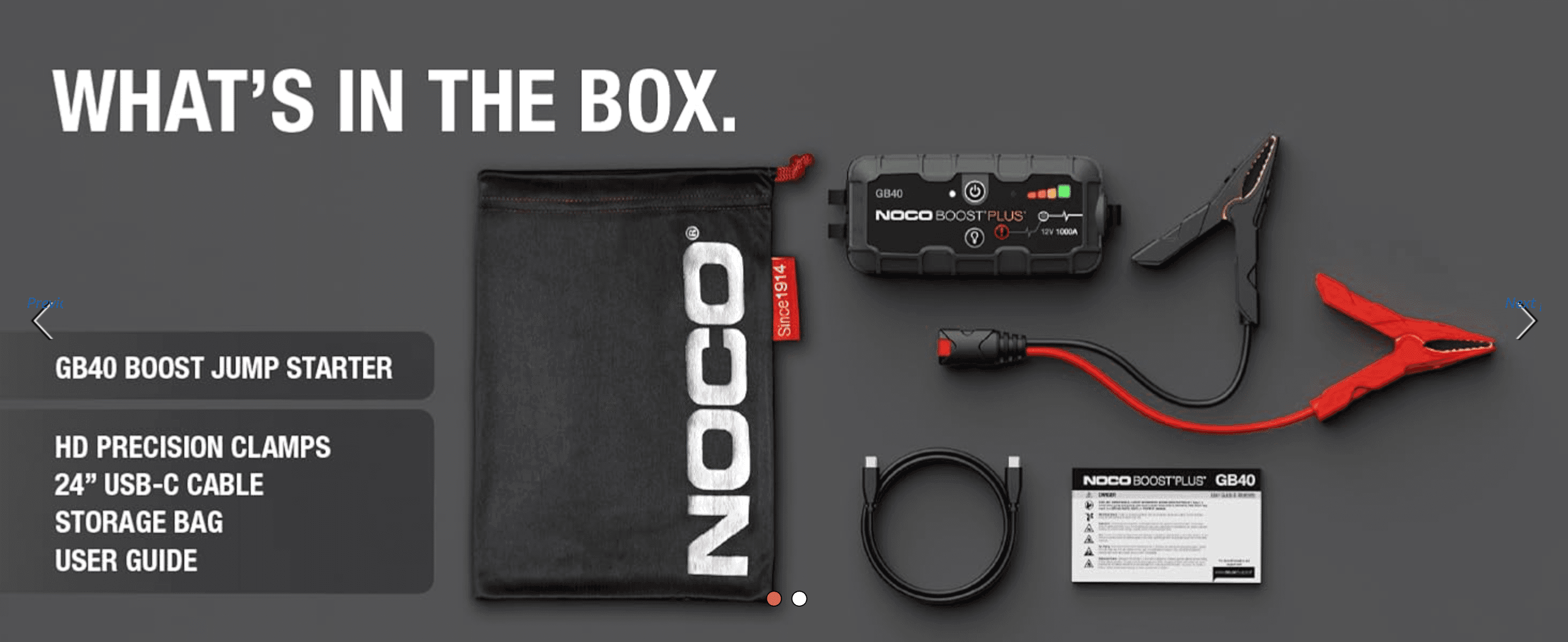 Shows every item included with the jump starter, so shoppers know exactly what they receive.