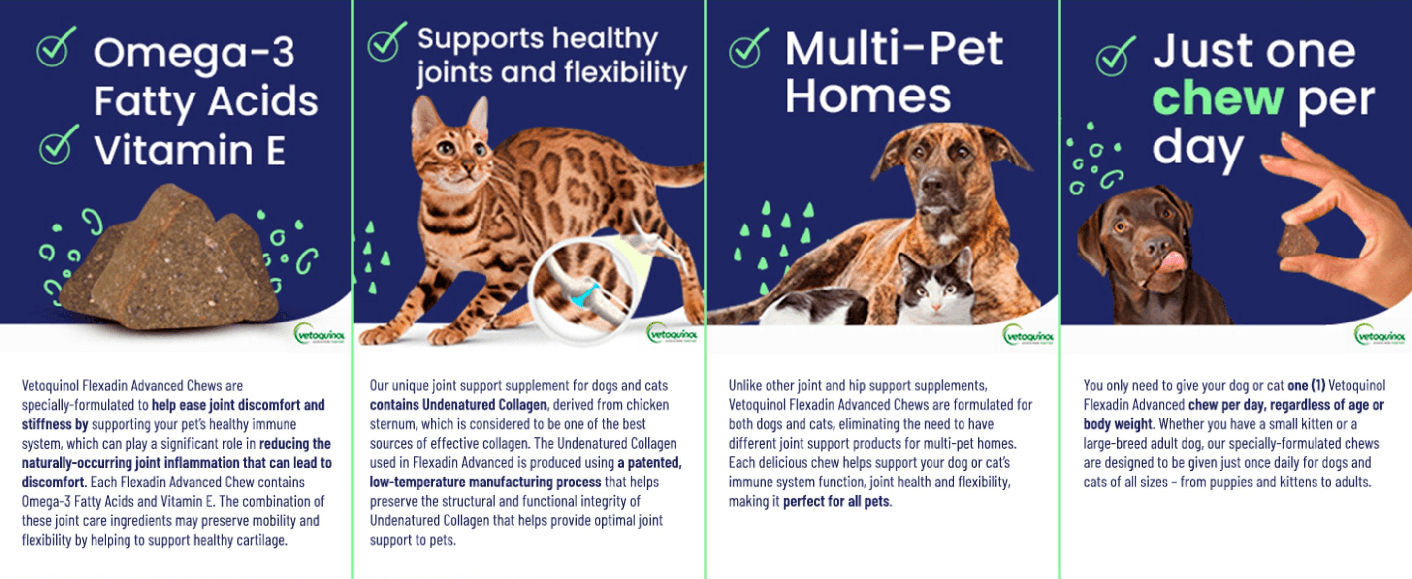 Explains four separate benefits in segmented panels so shoppers see why one chew suits dogs and cats.