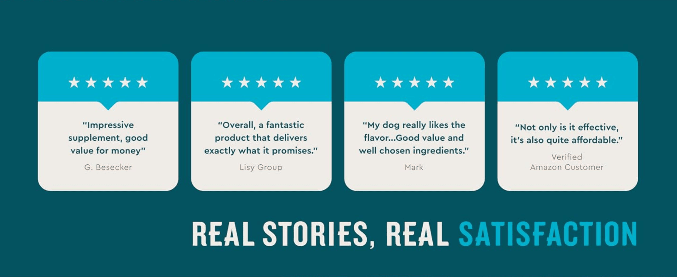 Builds social proof and trust by showcasing real 5-star customer quotes about product satisfaction.