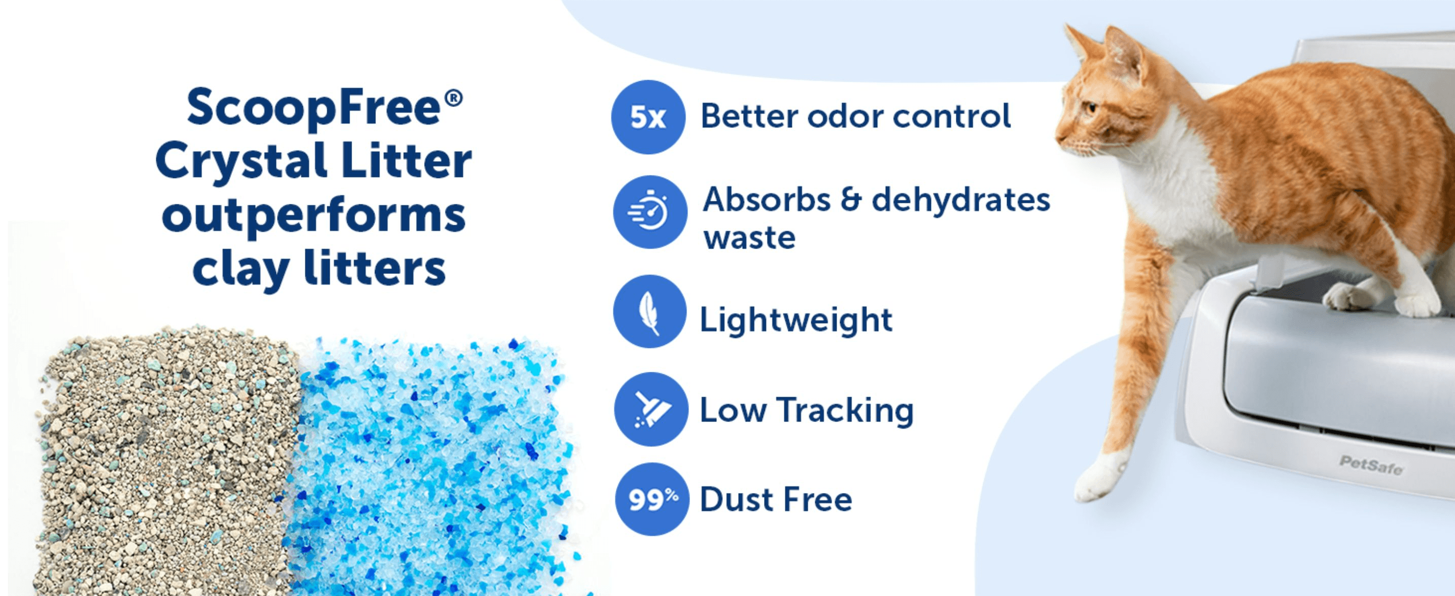 Shows the crystal litter beating clay litters to justify choosing it. Lists several litter benefits in one icon list so shoppers grasp the advantages quickly.