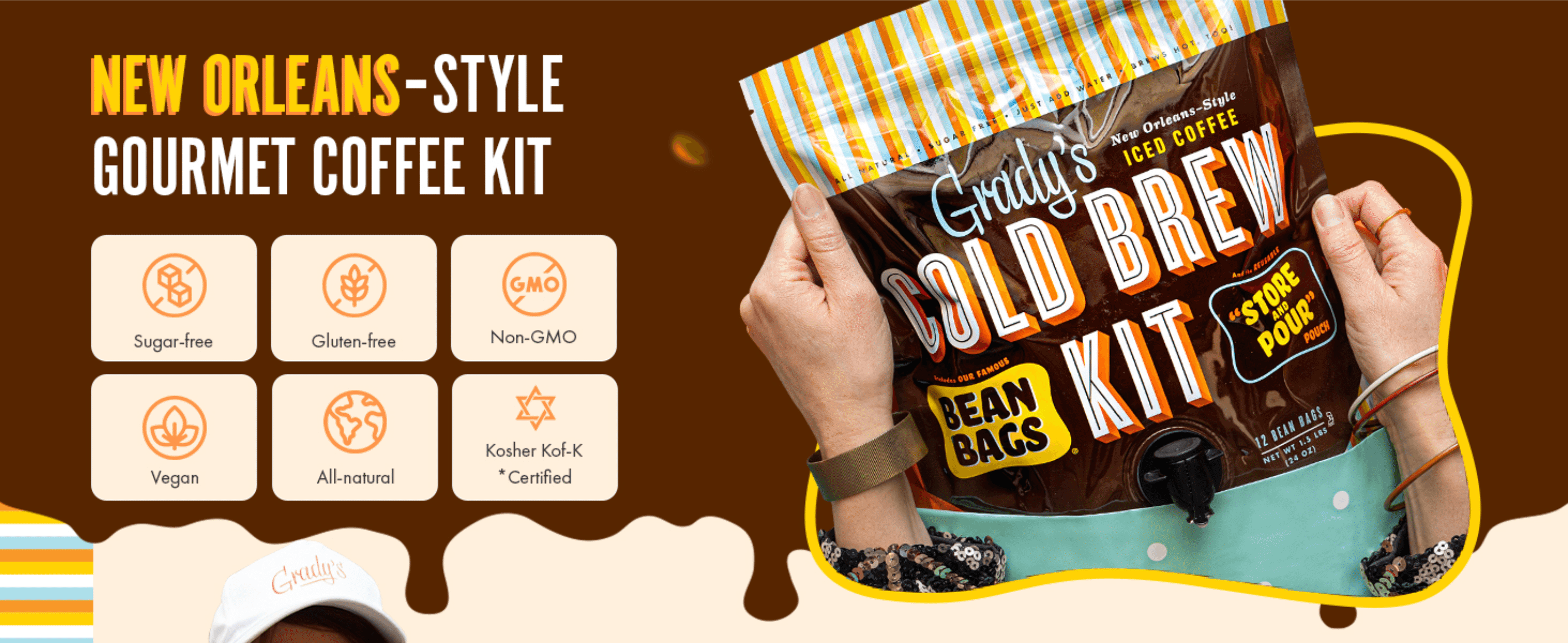 Reassures shoppers with dietary and quality certifications like sugar-free, non-GMO, and Kosher. Presents six distinct product claims in a segmented icon grid so shoppers can quickly scan quality…