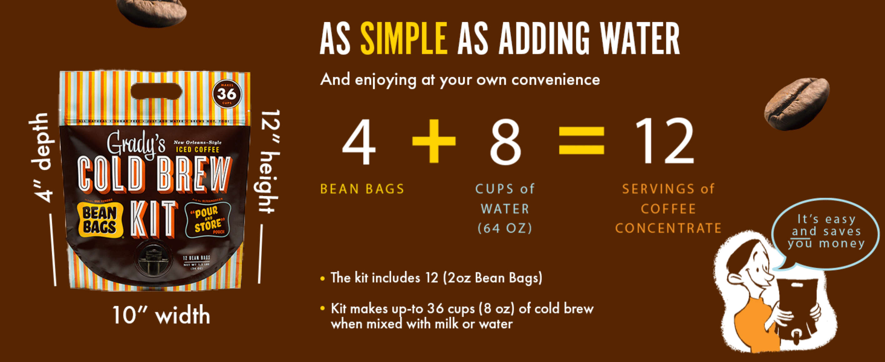 Shows that brewing is as simple as adding water, reassuring shoppers the product is effortless to use. Quantifies exactly how much coffee concentrate the kit yields to demonstrate value and…