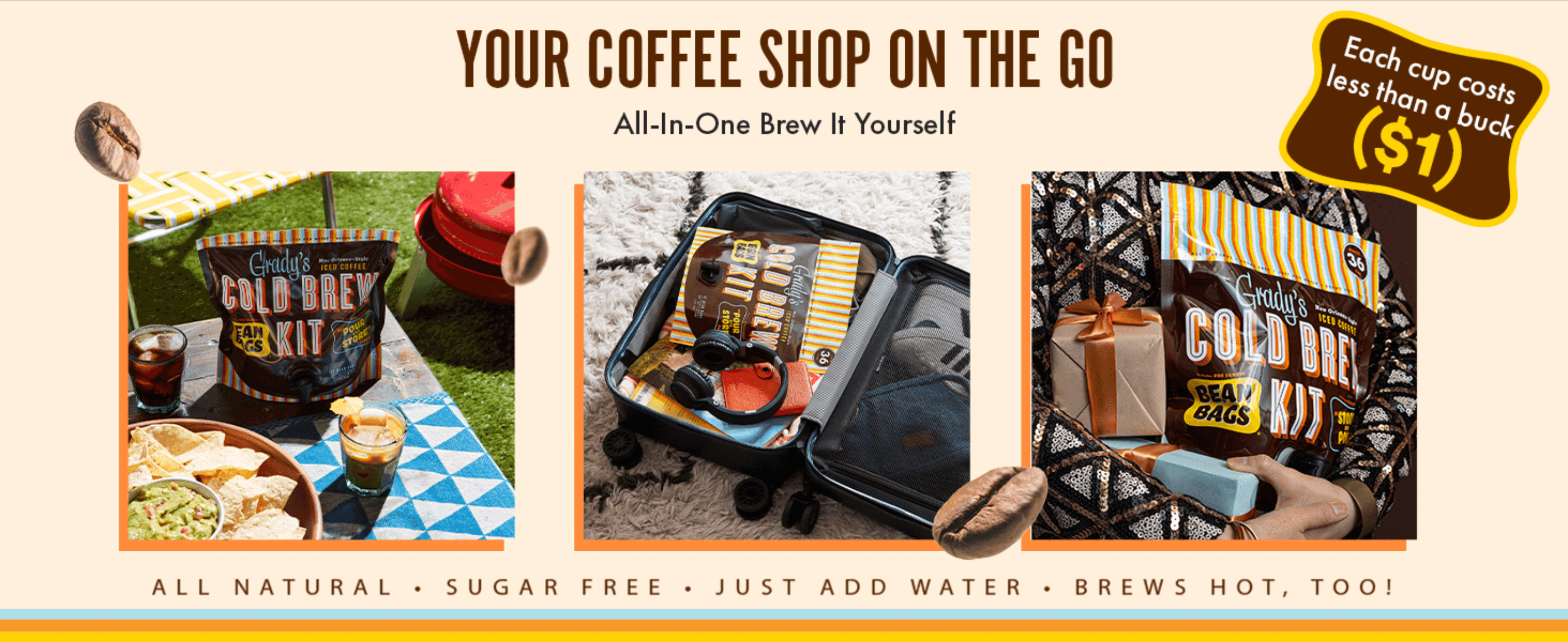 Shows the product fitting into several real-life scenarios to position it as a versatile, portable coffee solution. Highlights the low per-cup cost to reassure shoppers of the product's…